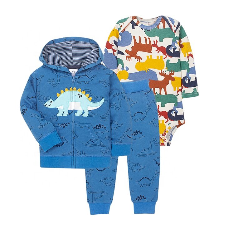 Wholesale 3 pieces long sleeves romper + jacket + pants boy girl baby clothes set 100% cotton
