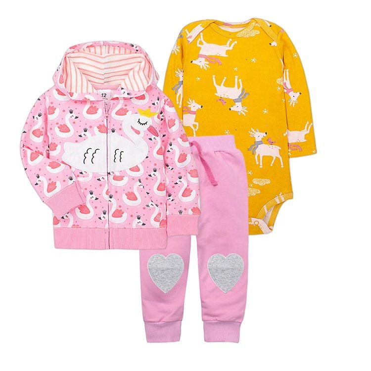 Wholesale 3 pieces long sleeves romper + jacket + pants boy girl baby clothes set 100% cotton