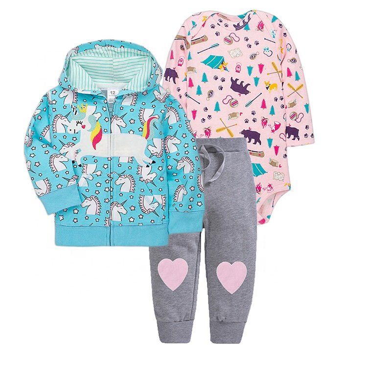 Wholesale 3 pieces long sleeves romper + jacket + pants boy girl baby clothes set 100% cotton