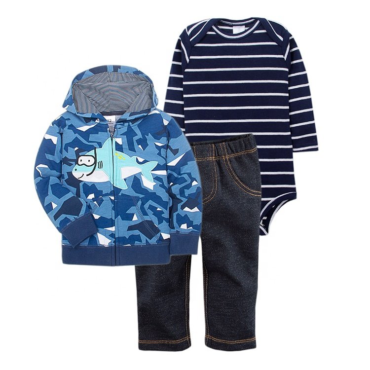 Wholesale 3 pieces long sleeves romper + jacket + pants boy girl baby clothes set 100% cotton