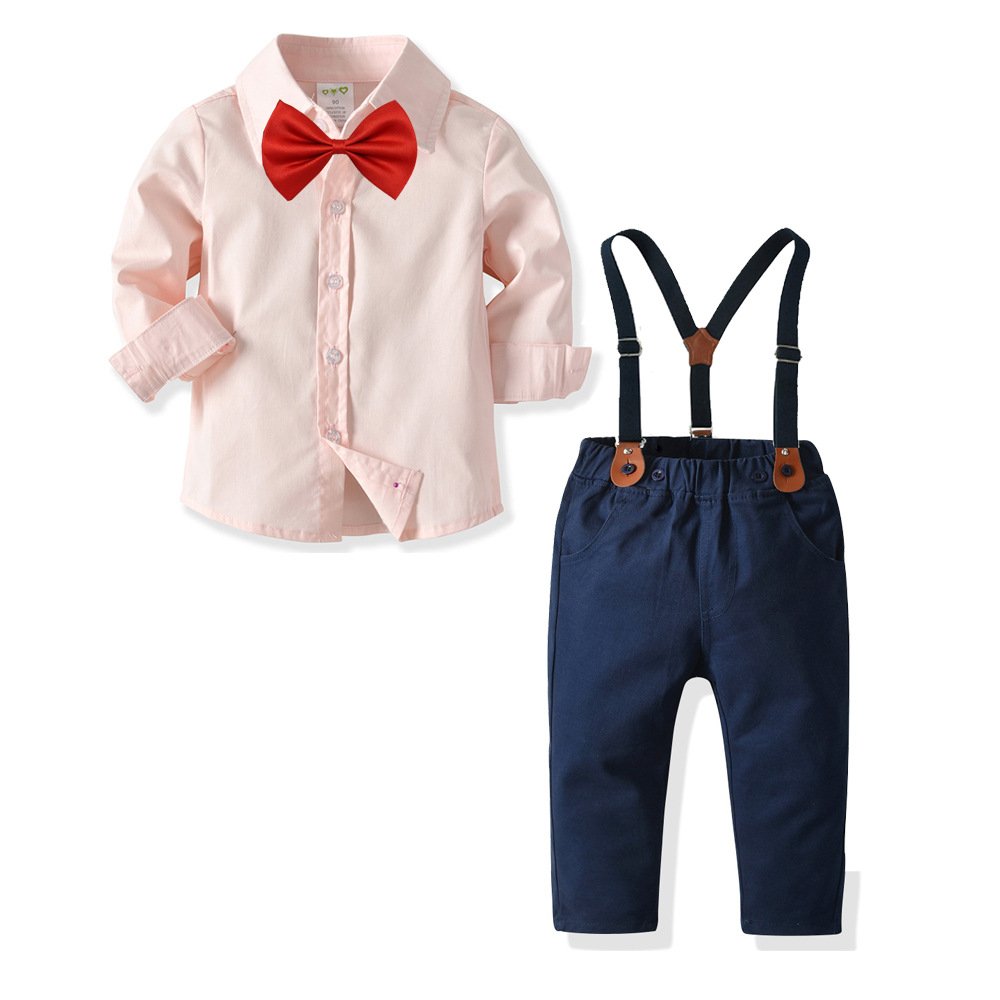 2025 Cross-border children's clothing autumn Boys' long-sleeved striped shirt suspender blue suit