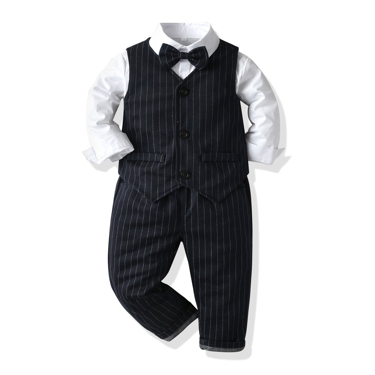 2025 Cross-border children's clothing autumn Boys' long-sleeved striped shirt suspender blue suit