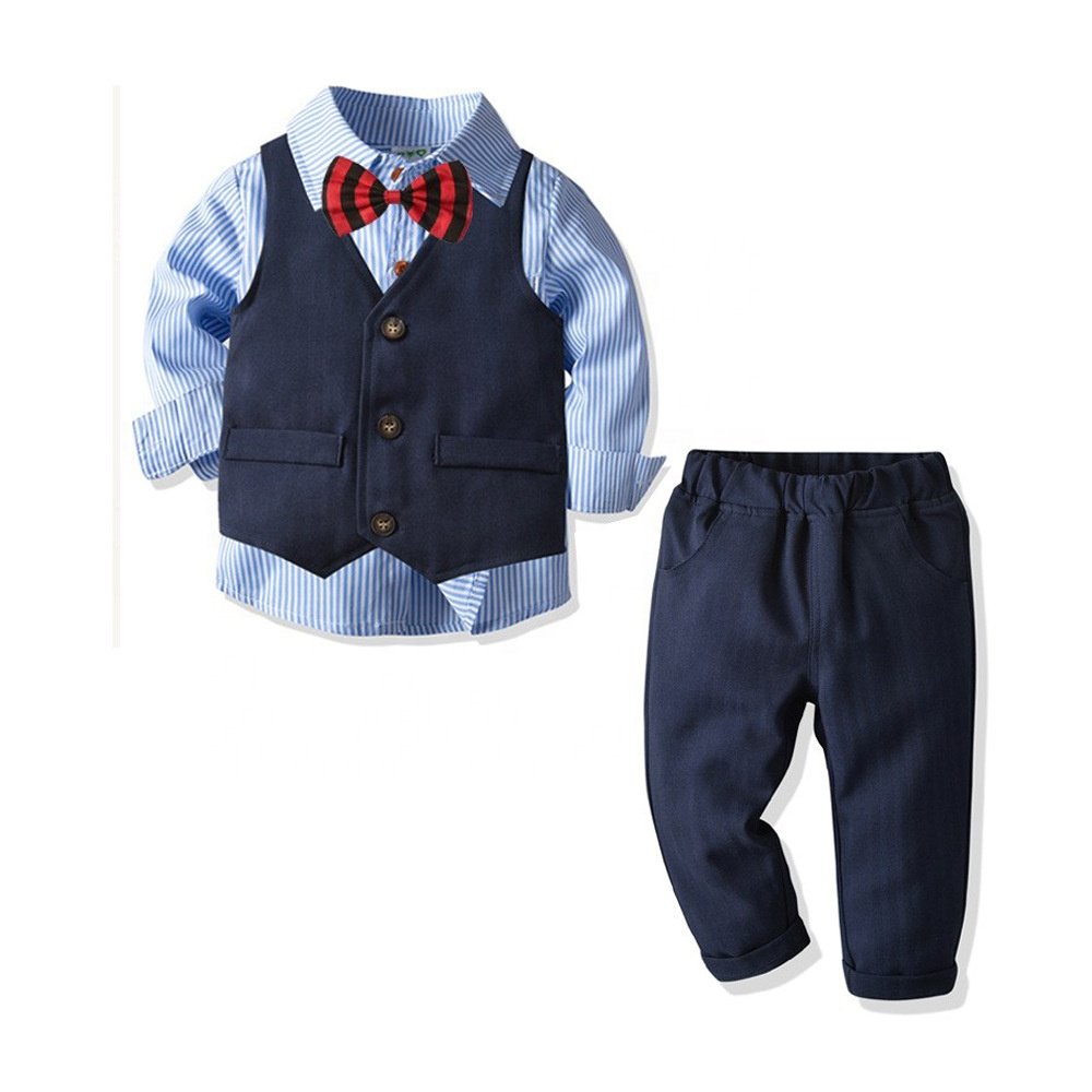 2025 Cross-border children's clothing autumn Boys' long-sleeved striped shirt suspender blue suit