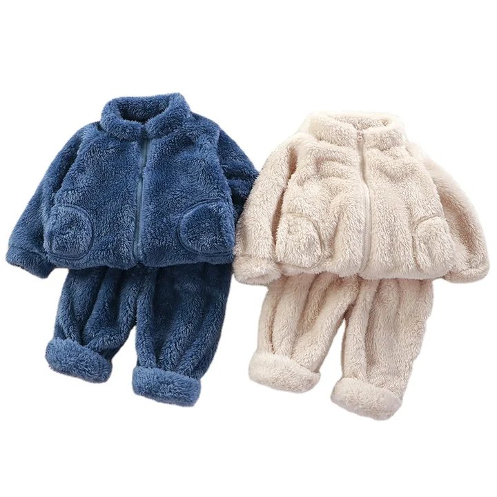 Autumn Winter 2-Piece Baby Clothing Sets Unisex Boys' Plush Warm Pajamas Solid Color Suit Zipper Closure Fashionable Children
