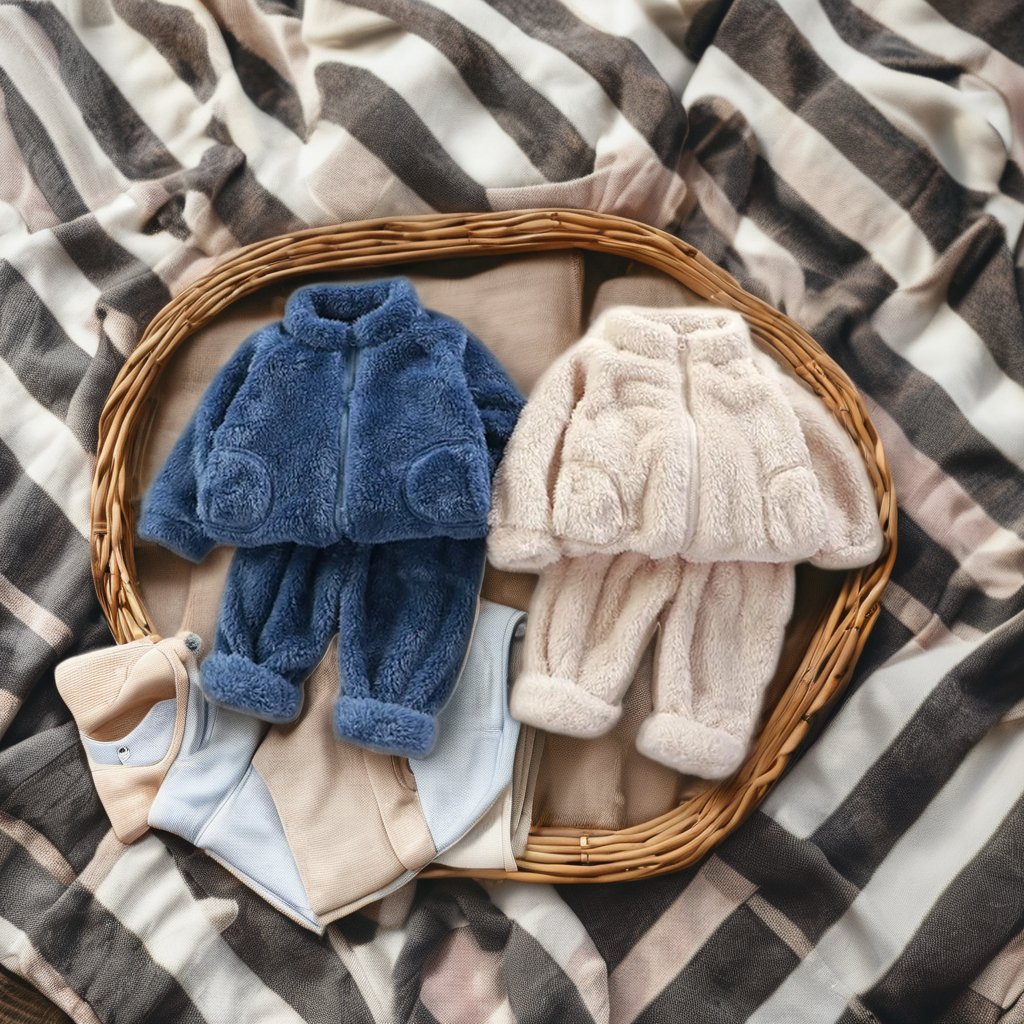 Autumn Winter 2-Piece Baby Clothing Sets Unisex Boys' Plush Warm Pajamas Solid Color Suit Zipper Closure Fashionable Children