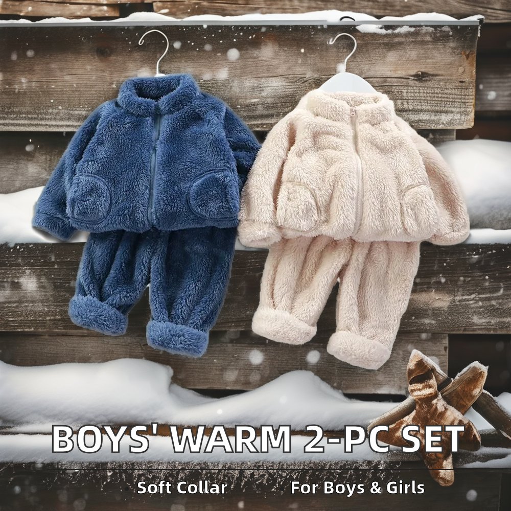 Autumn Winter 2-Piece Baby Clothing Sets Unisex Boys' Plush Warm Pajamas Solid Color Suit Zipper Closure Fashionable Children
