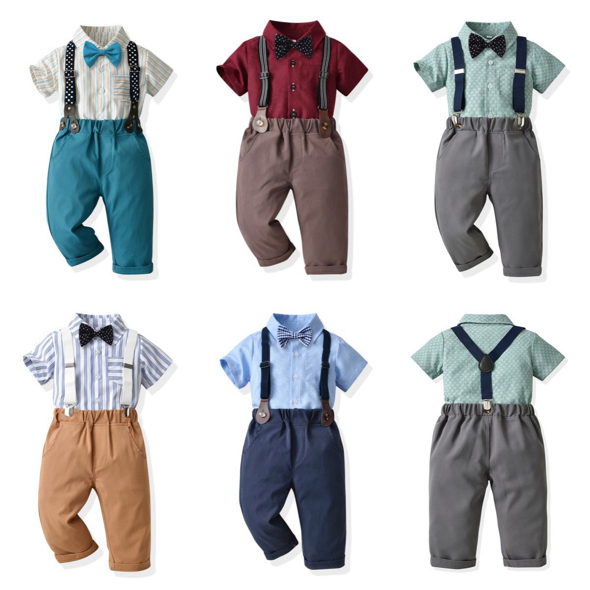 Child Boy Clothes Boys Bowtie & Suspenders Set Short Sleeve Shirt and Pants Dress Little Boy Formal Outfit Toddler Clothing Set