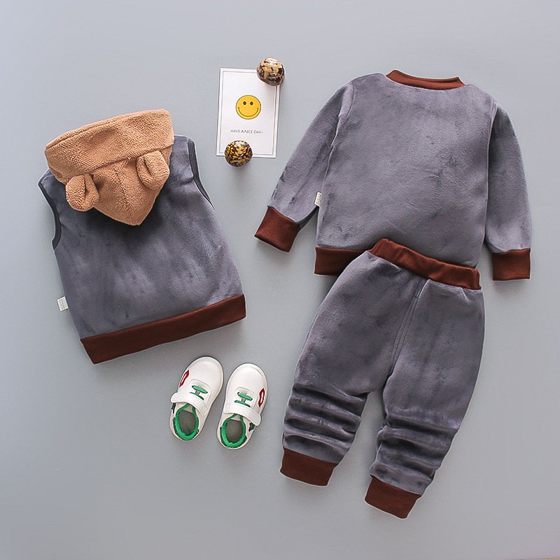 Children's new cartoon plush three piece set for autumn and winter wear