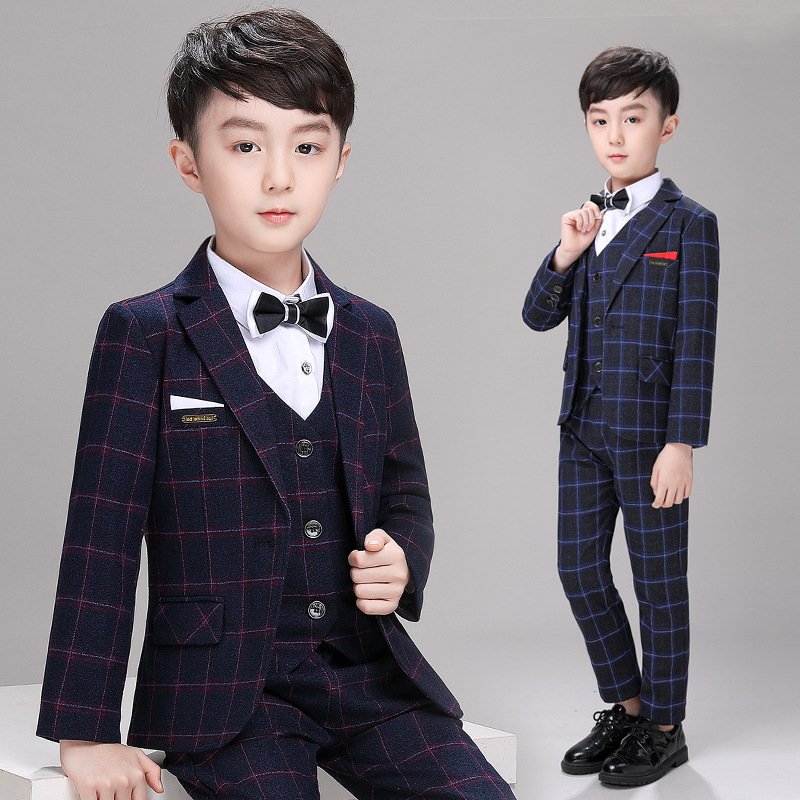 Children's autumn and winter new boy small suit plaid children's suit British style children's dress