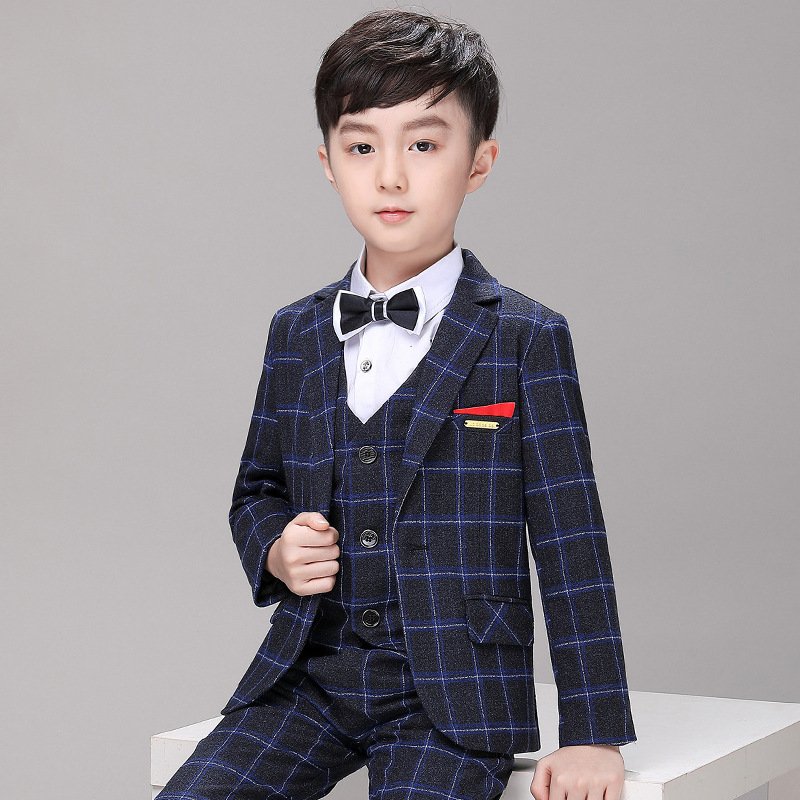 Children's autumn and winter new boy small suit plaid children's suit British style children's dress