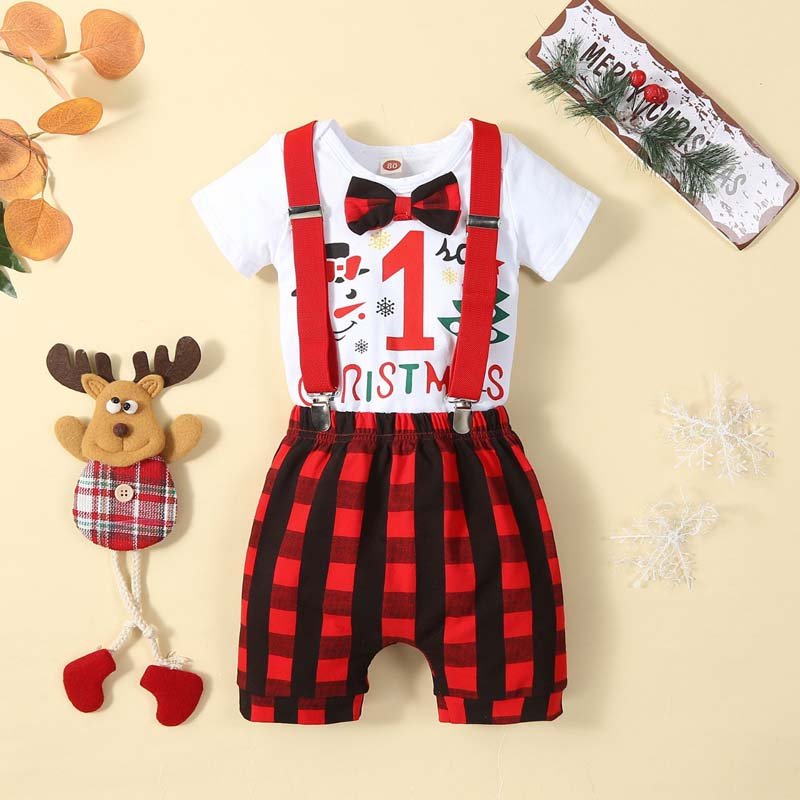 Fashion Gentleman Baby Boy Summer Clothes Set Cotton Romper Suspender Pants 3pcs my 1st christmas baby boy 0-24M KBCS-020