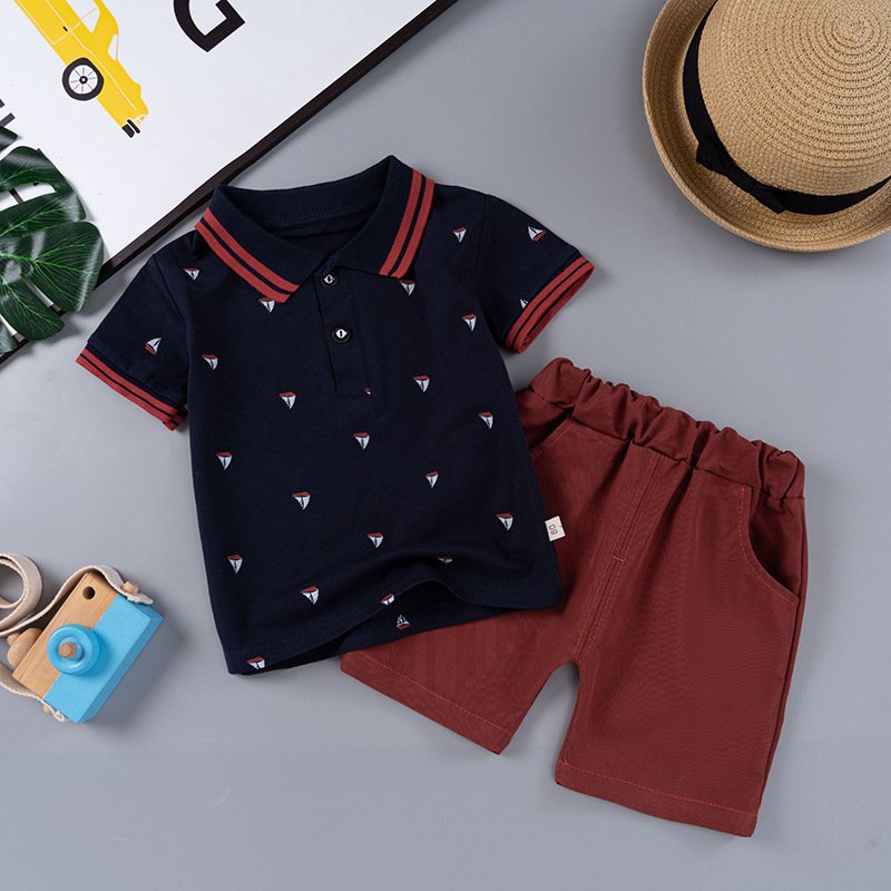 Quality Toddler Kids Clothes Children Boy Diamond Print Short Sleeve Polo Shirt Casual Outfit Suit Fashion Baby Clothing Set