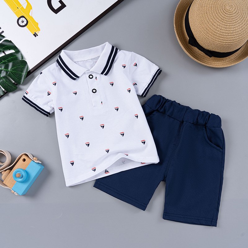 Quality Toddler Kids Clothes Children Boy Diamond Print Short Sleeve Polo Shirt Casual Outfit Suit Fashion Baby Clothing Set