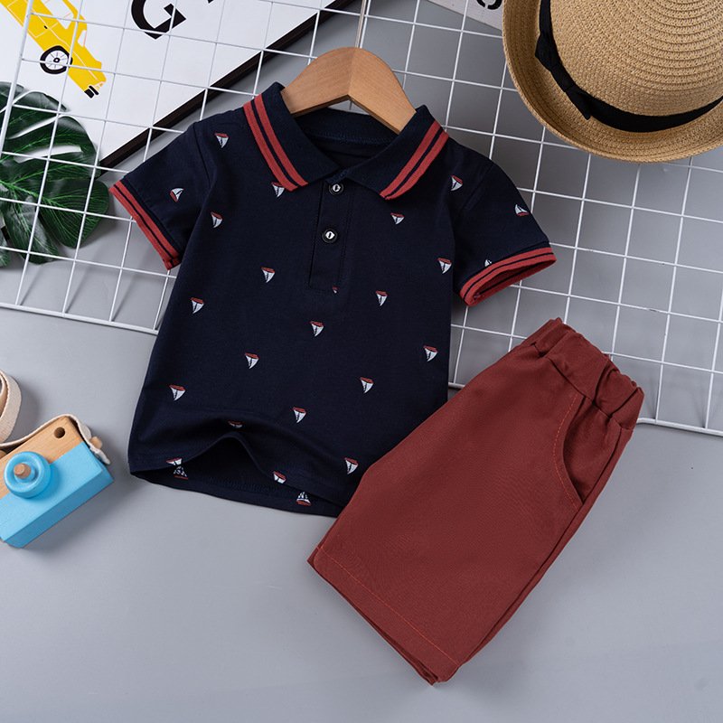 Quality Toddler Kids Clothes Children Boy Diamond Print Short Sleeve Polo Shirt Casual Outfit Suit Fashion Baby Clothing Set