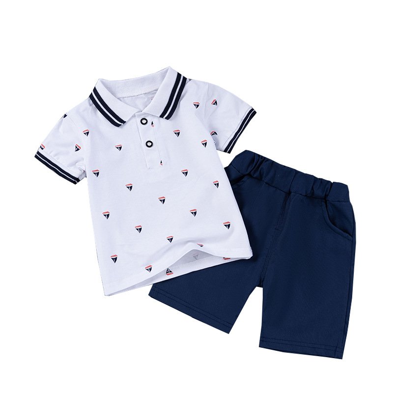 Quality Toddler Kids Clothes Children Boy Diamond Print Short Sleeve Polo Shirt Casual Outfit Suit Fashion Baby Clothing Set