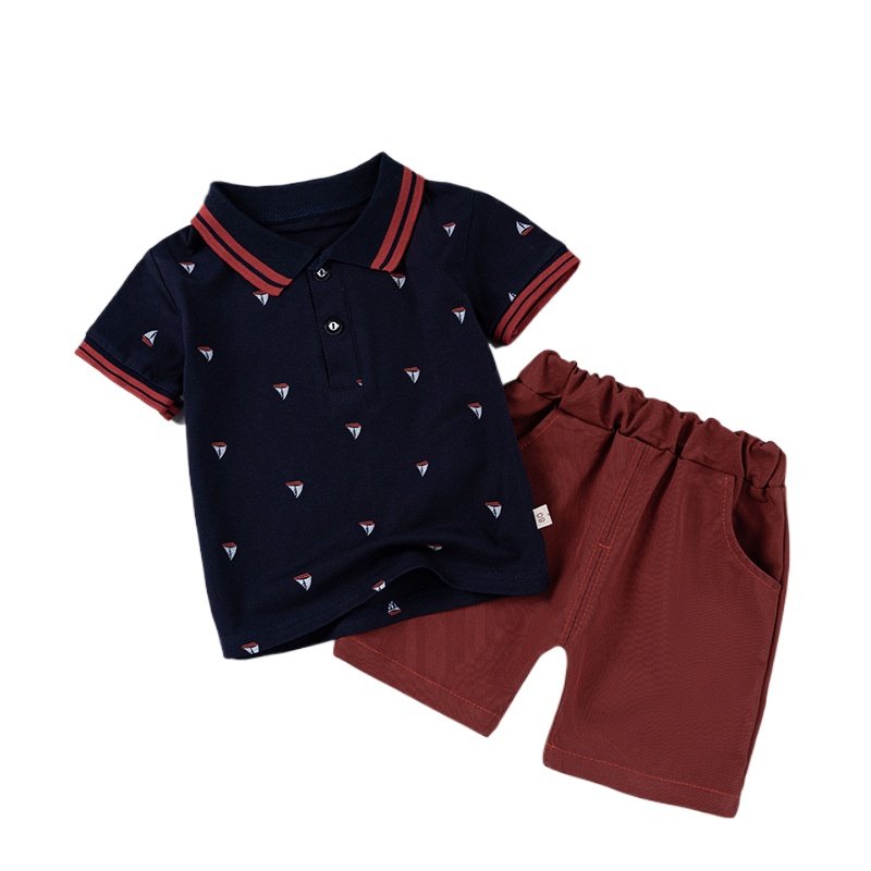 Quality Toddler Kids Clothes Children Boy Diamond Print Short Sleeve Polo Shirt Casual Outfit Suit Fashion Baby Clothing Set