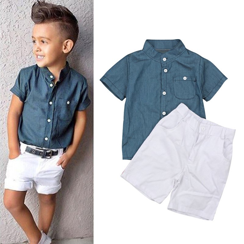 Hao Baby Children European And American Summer Boy Short-Sleeved Blue Top + White Shorts Trend Two-Piece Kid Boys Clothing Set