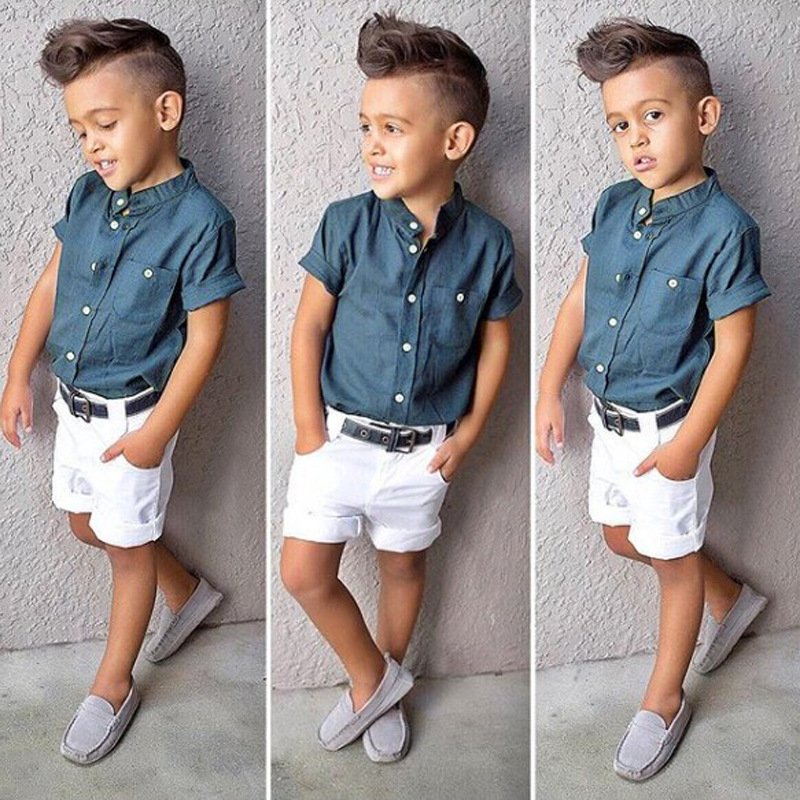 Hao Baby Children European And American Summer Boy Short-Sleeved Blue Top + White Shorts Trend Two-Piece Kid Boys Clothing Set