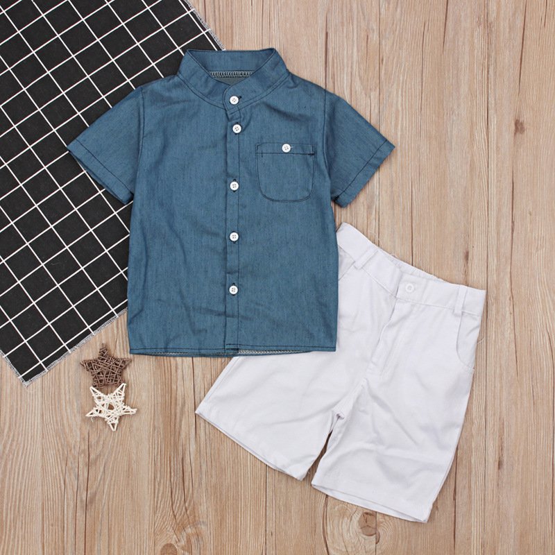 Hao Baby Children European And American Summer Boy Short-Sleeved Blue Top + White Shorts Trend Two-Piece Kid Boys Clothing Set