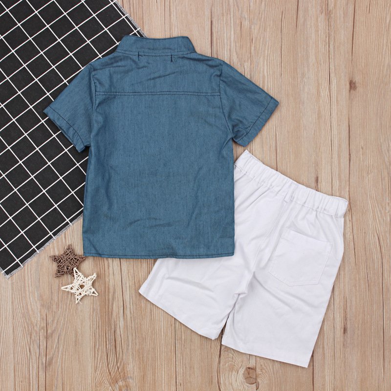 Hao Baby Children European And American Summer Boy Short-Sleeved Blue Top + White Shorts Trend Two-Piece Kid Boys Clothing Set