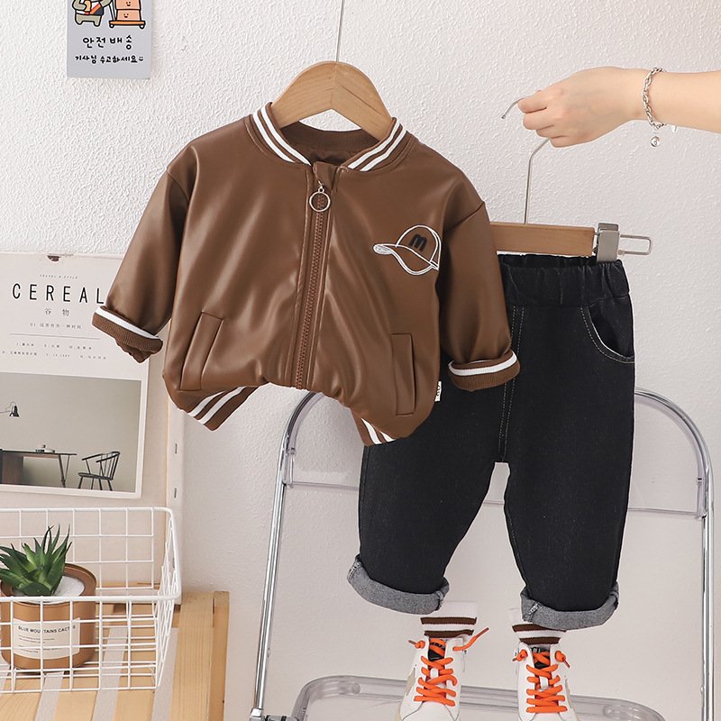 New Stylish Spring Autumn Children PU Jacket Suits 2pcs Boy Casual Boys Clothing Sets