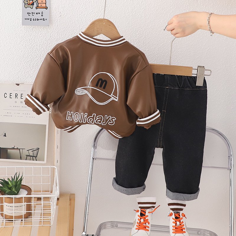 New Stylish Spring Autumn Children PU Jacket Suits 2pcs Boy Casual Boys Clothing Sets