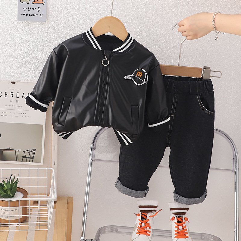 New Stylish Spring Autumn Children PU Jacket Suits 2pcs Boy Casual Boys Clothing Sets