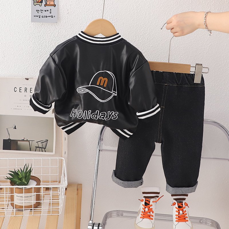 New Stylish Spring Autumn Children PU Jacket Suits 2pcs Boy Casual Boys Clothing Sets