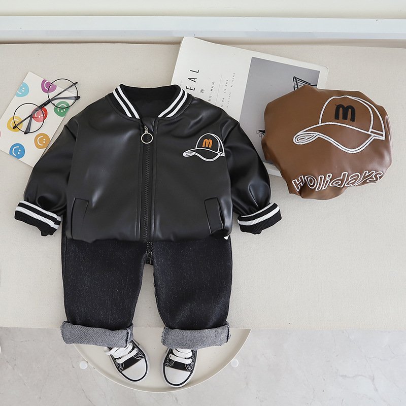 New Stylish Spring Autumn Children PU Jacket Suits 2pcs Boy Casual Boys Clothing Sets