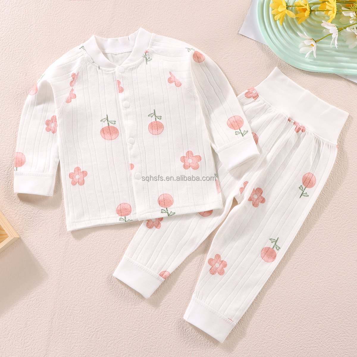 100% Cotton Knitted Autumn Baby Outfit Short Sleeve Tops And Long Pants 2pcs Solid Color Unisex Baby Clothing Sets