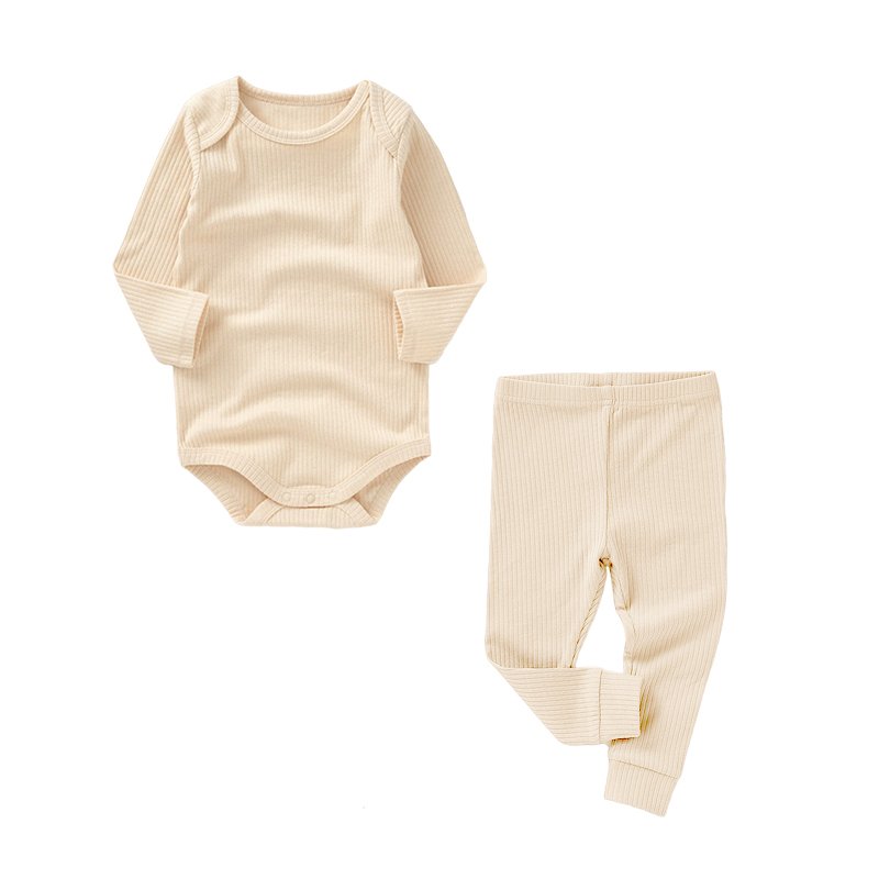 Newborn Boys and Baby Girls Solid Color Rib Knit Cotton Long Sleeve Jumpsuit Trousers Autumn Winter Clothing Sets