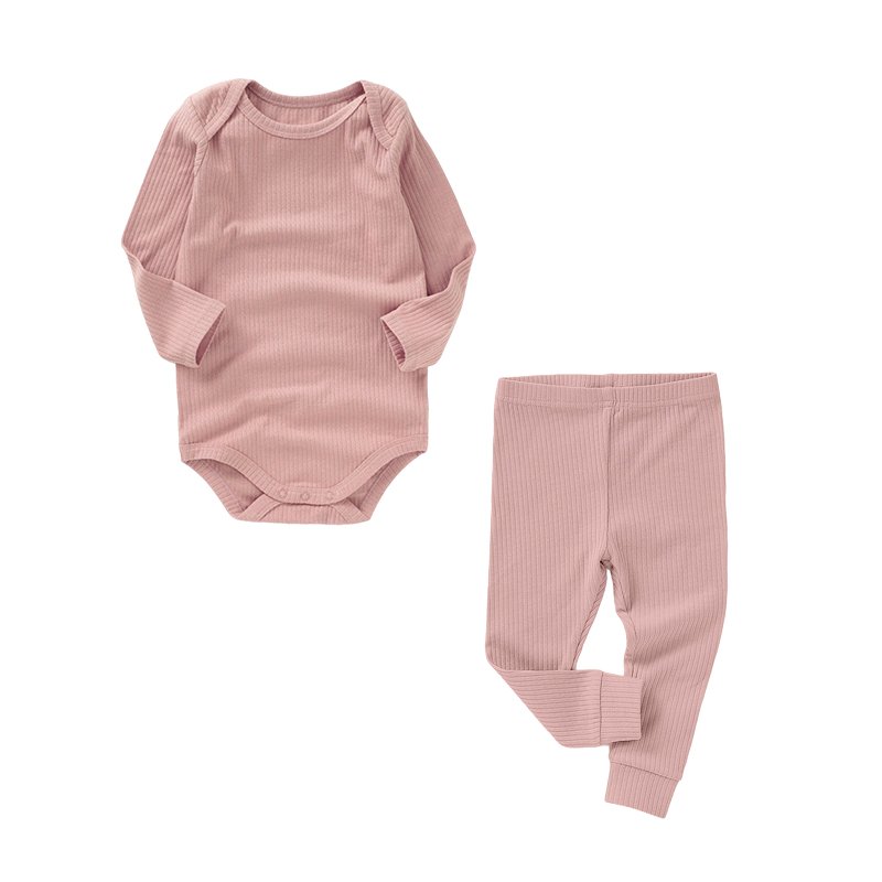 Newborn Boys and Baby Girls Solid Color Rib Knit Cotton Long Sleeve Jumpsuit Trousers Autumn Winter Clothing Sets