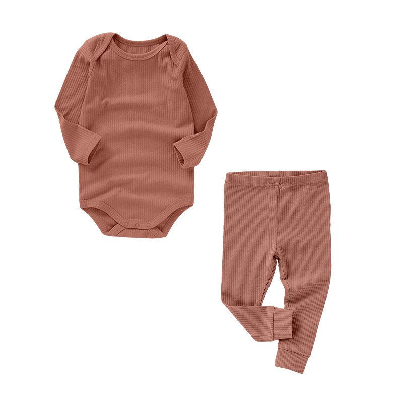 Newborn Boys and Baby Girls Solid Color Rib Knit Cotton Long Sleeve Jumpsuit Trousers Autumn Winter Clothing Sets