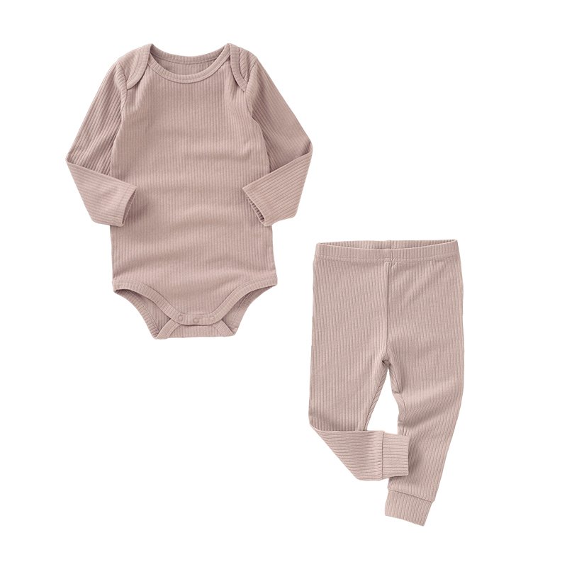 Newborn Boys and Baby Girls Solid Color Rib Knit Cotton Long Sleeve Jumpsuit Trousers Autumn Winter Clothing Sets