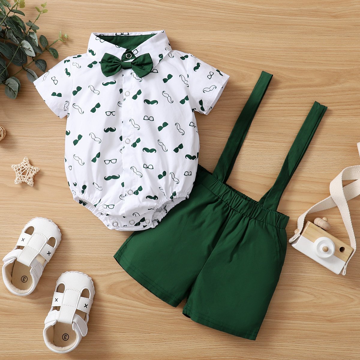 2024 New Release Boys' Solid Color Three-Piece Set Short Sleeve Suit Explosion Print Cotton Beard Suspenders Bow Little