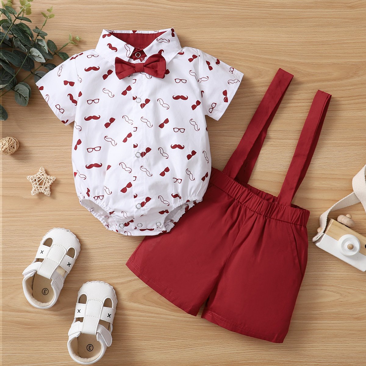 2024 New Release Boys' Solid Color Three-Piece Set Short Sleeve Suit Explosion Print Cotton Beard Suspenders Bow Little