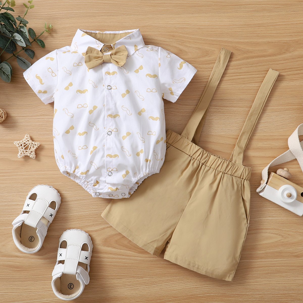 2024 New Release Boys' Solid Color Three-Piece Set Short Sleeve Suit Explosion Print Cotton Beard Suspenders Bow Little