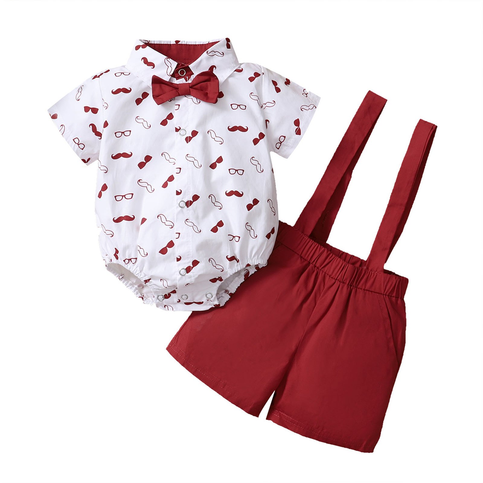 2024 New Release Boys' Solid Color Three-Piece Set Short Sleeve Suit Explosion Print Cotton Beard Suspenders Bow Little