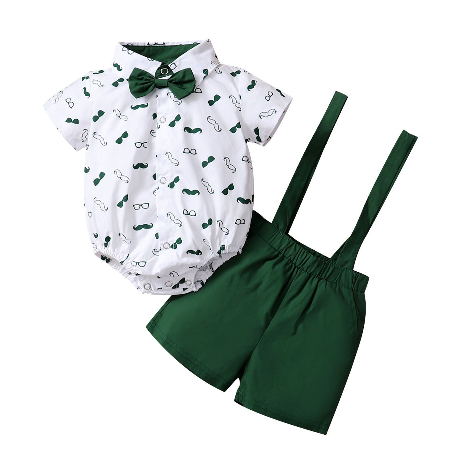 2024 New Release Boys' Solid Color Three-Piece Set Short Sleeve Suit Explosion Print Cotton Beard Suspenders Bow Little