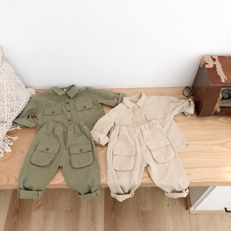 2024 New Style Cotton Spring And Autumn Workwear Long Sleeved Suit Collar Pocket Set Boys Clothing Sets