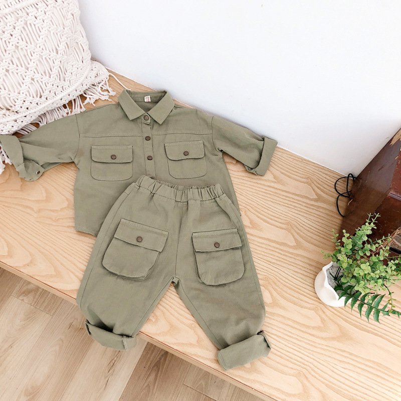 2024 New Style Cotton Spring And Autumn Workwear Long Sleeved Suit Collar Pocket Set Boys Clothing Sets