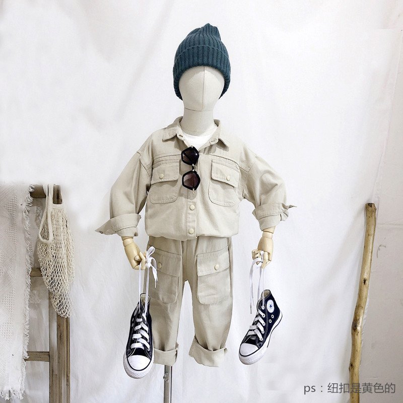 2024 New Style Cotton Spring And Autumn Workwear Long Sleeved Suit Collar Pocket Set Boys Clothing Sets