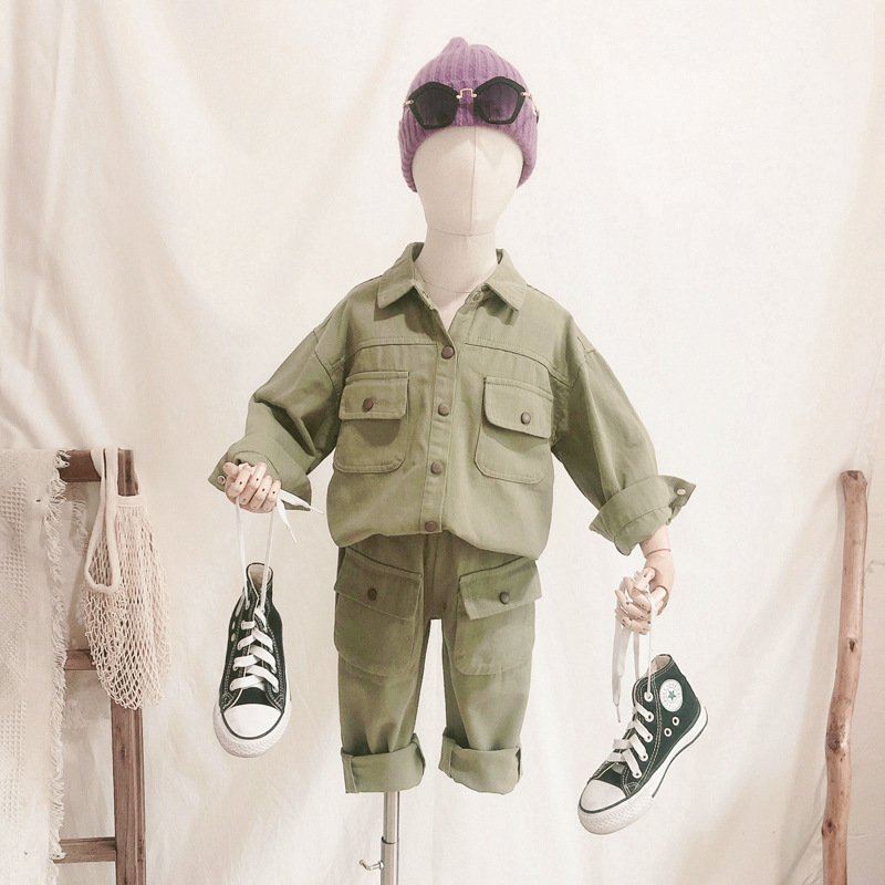2024 New Style Cotton Spring And Autumn Workwear Long Sleeved Suit Collar Pocket Set Boys Clothing Sets