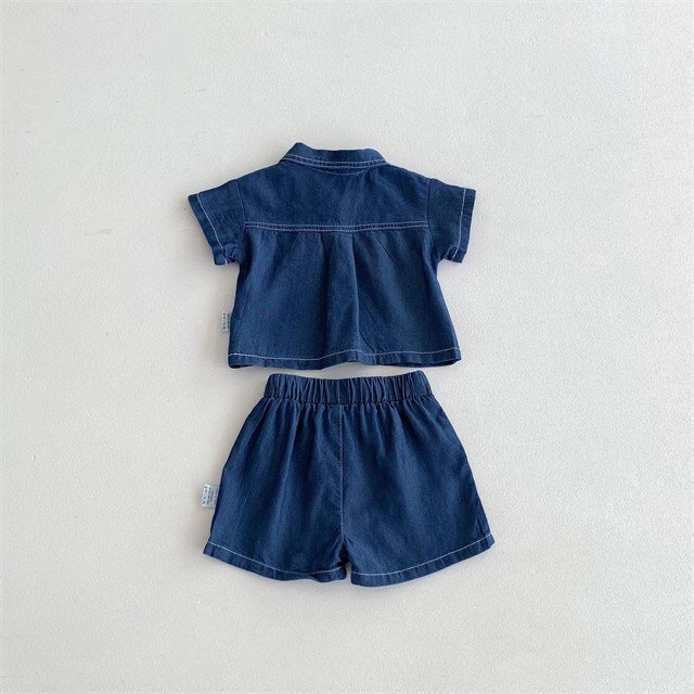 1 Pcs Custom Tag Plain Denim Outfit Summer Newborn Infant Toddler Clothes Short Sleeve Top Shorts Baby Boys Clothing Set