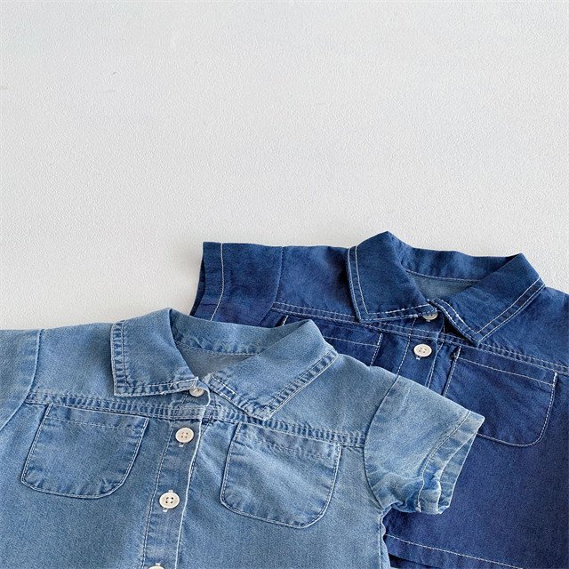 1 Pcs Custom Tag Plain Denim Outfit Summer Newborn Infant Toddler Clothes Short Sleeve Top Shorts Baby Boys Clothing Set
