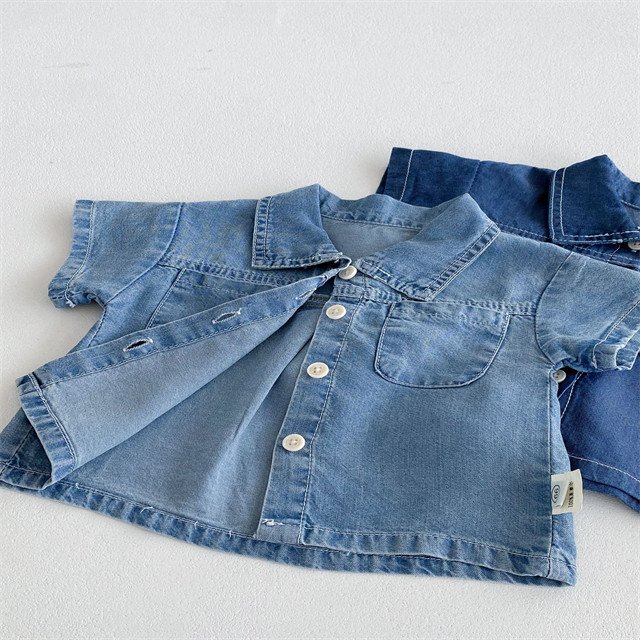 1 Pcs Custom Tag Plain Denim Outfit Summer Newborn Infant Toddler Clothes Short Sleeve Top Shorts Baby Boys Clothing Set