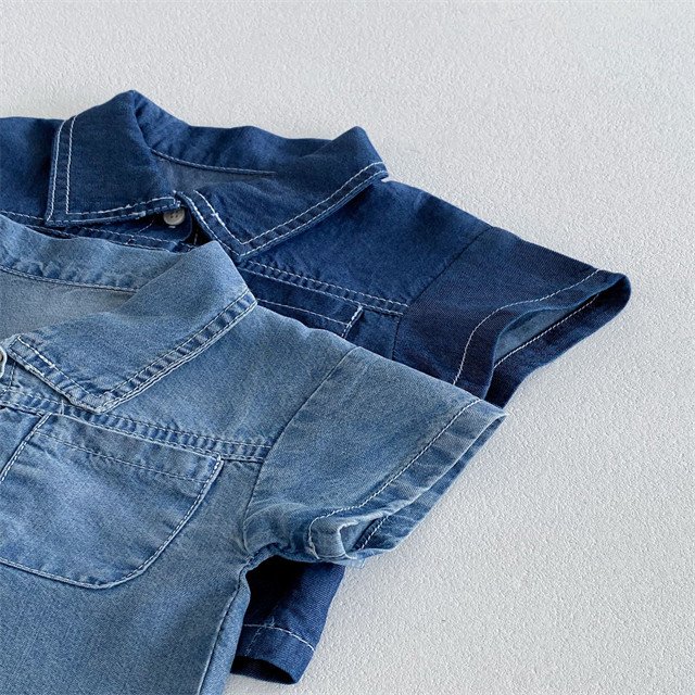 1 Pcs Custom Tag Plain Denim Outfit Summer Newborn Infant Toddler Clothes Short Sleeve Top Shorts Baby Boys Clothing Set