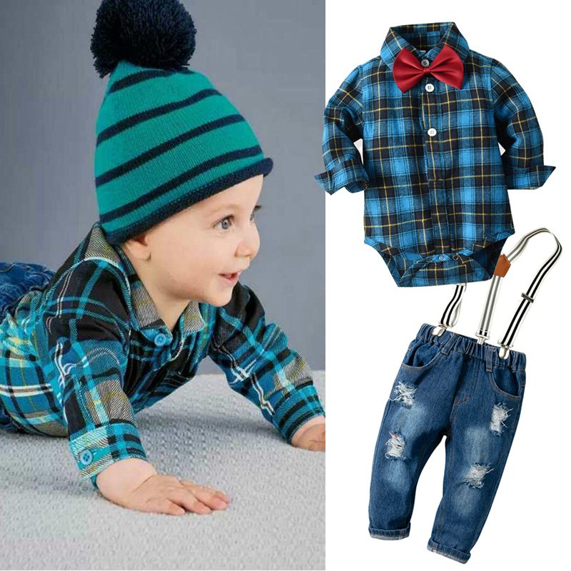 Baby Plaid Romper with Jeans Suit Customization from 50 pcs Clothes Set Baby Gentleman Outfit Suits
