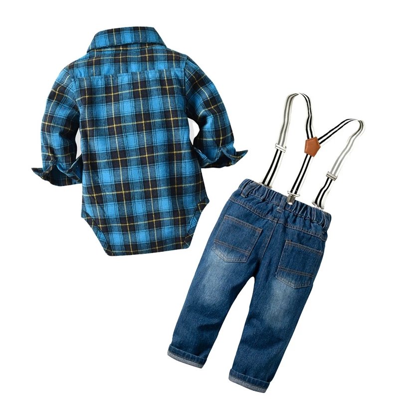 Baby Plaid Romper with Jeans Suit Customization from 50 pcs Clothes Set Baby Gentleman Outfit Suits
