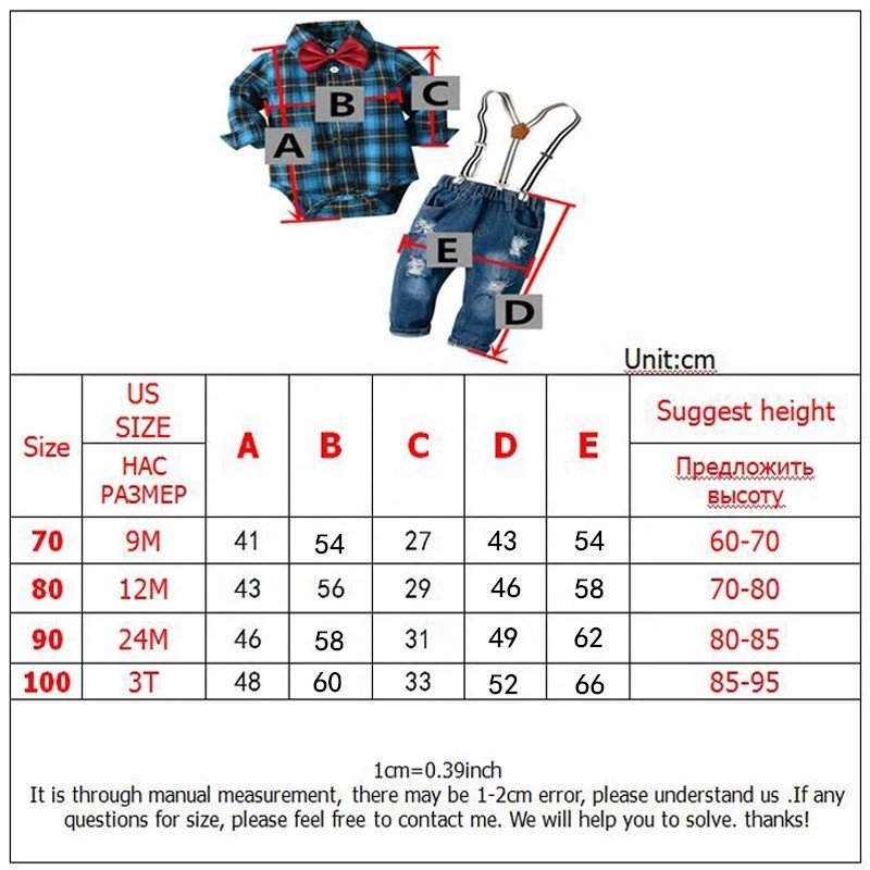 Baby Plaid Romper with Jeans Suit Customization from 50 pcs Clothes Set Baby Gentleman Outfit Suits